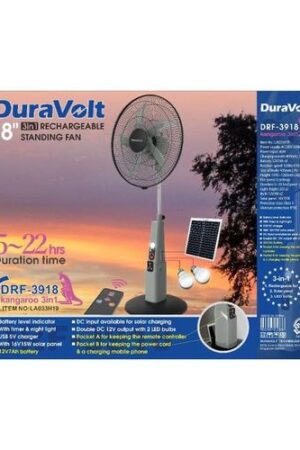 Duravolt 3-in-1 18" Rechargeable Fan DRF-3918 Kangaroo with Solar Panel and Bulb | All-in-One Solution