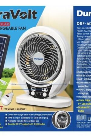 DuraVolt 3-in-1 7" Solar Rechargeable Table Fan DRF-607 with Panel and Bulb | Eco-Friendly & Versatile