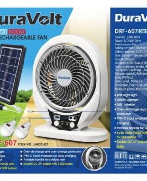 DuraVolt 7 inch solar rechargeable fan DRF-607 with panel and bulb