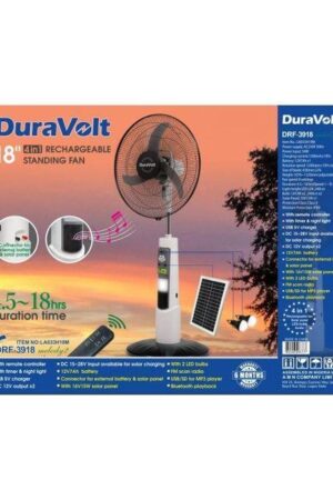 Duravolt 4 in 1 rechargeable standing fan DRF-3918 with solar panel