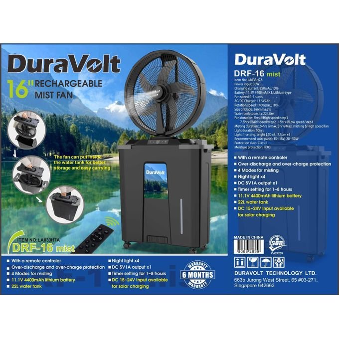 Duravolt DRF-16 Mist 16 inch Rechargeable Mist Fan with 22L Water Tank Nigeria