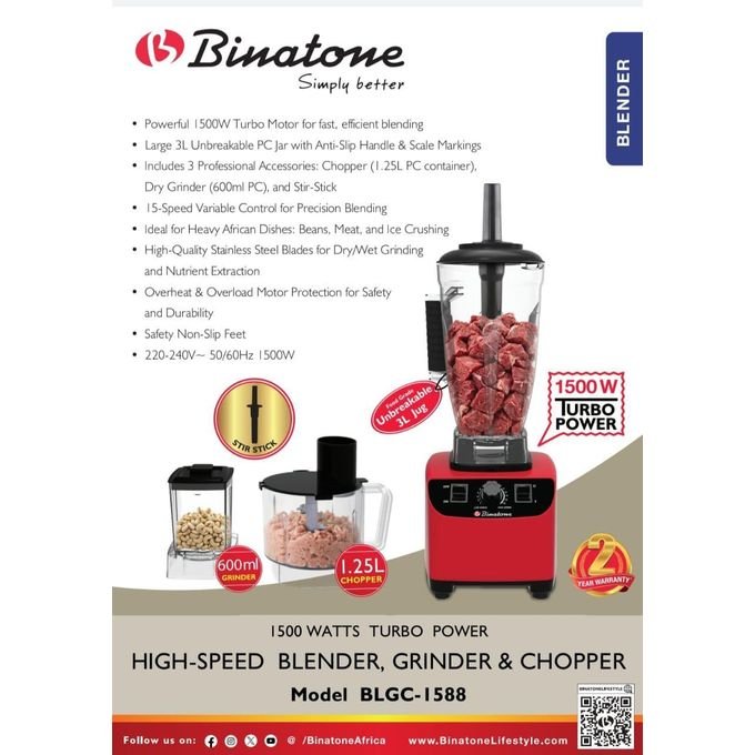 Binatone BLGC-1588 1500W High-Speed Blender Grinder and Chopper Nigeria