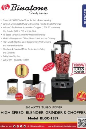 Binatone BLGC-1589 1500W High-Speed Blender Grinder and Chopper 3L Nigeria